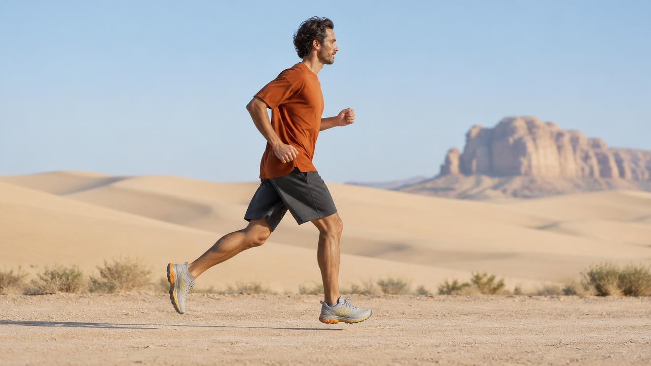 Side view of a runner in an orange shirt on a desert trail