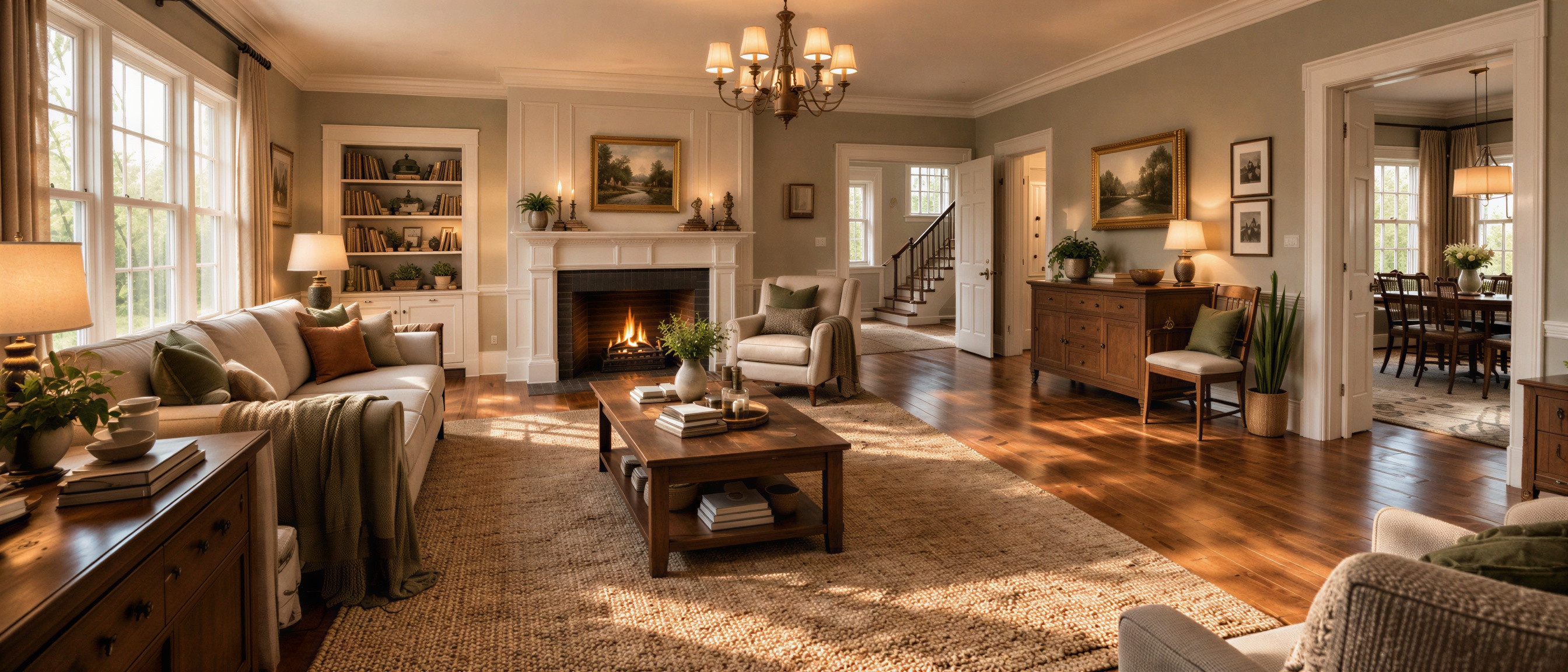 After AI editing: the living room with fresh walls, warm lighting and updated furnishings