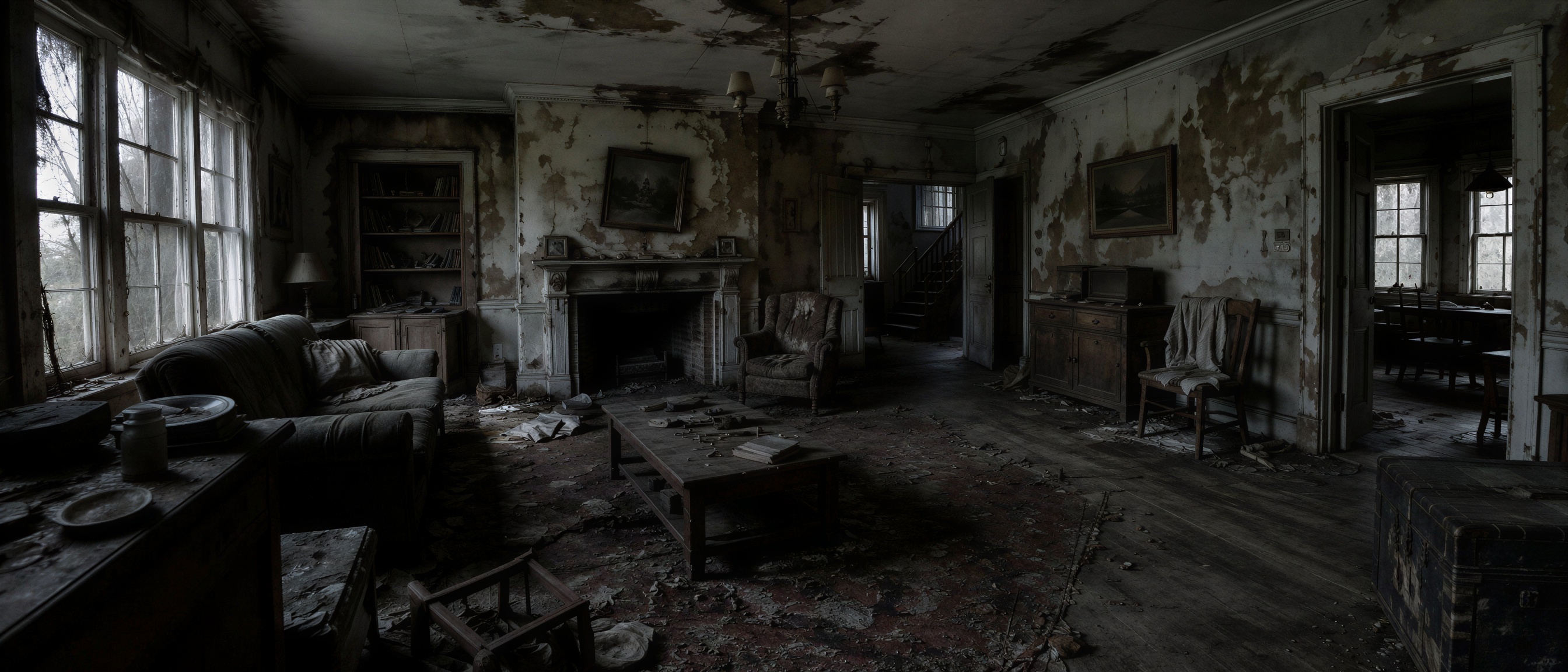 Before editing: a dim, neglected living room with peeling walls and worn furniture