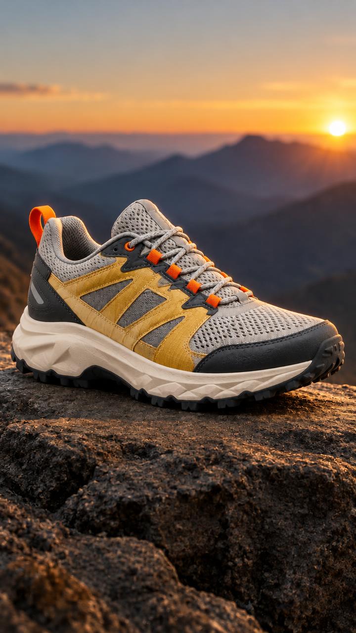 After editing: the same trail shoe on a rocky mountain at sunset