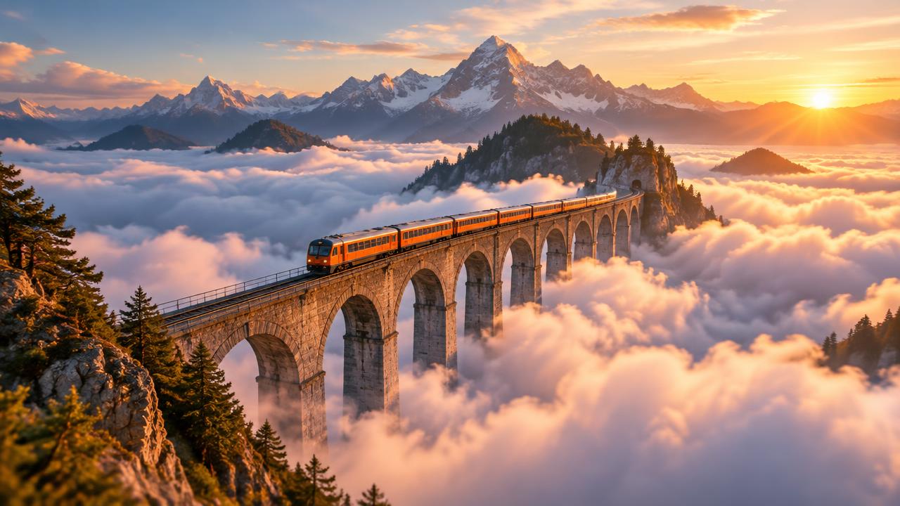 An orange train crossing a stone viaduct above clouds and mountain peaks at sunrise