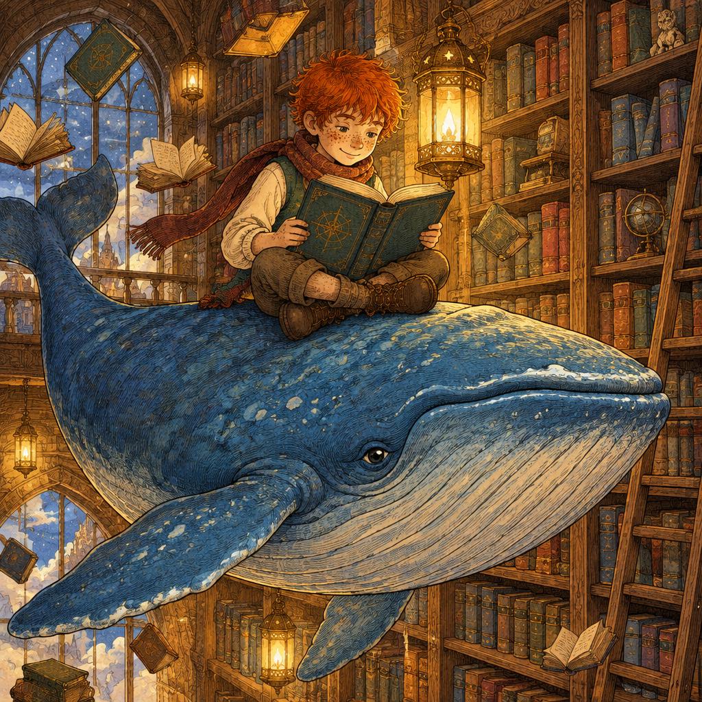 An illustrated child reading on a flying blue whale inside a warmly lit library
