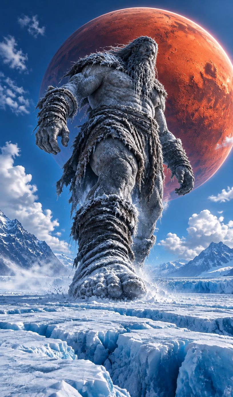 An ice giant crossing a frozen landscape beneath an orange planet
